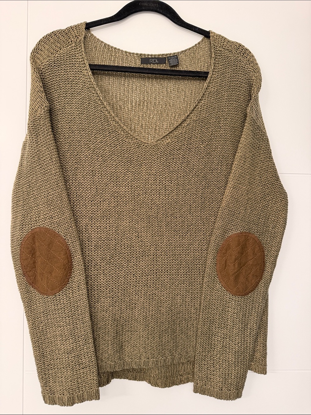 RDI Olive Green V-Neck Sweater with Brown Elbow Patches